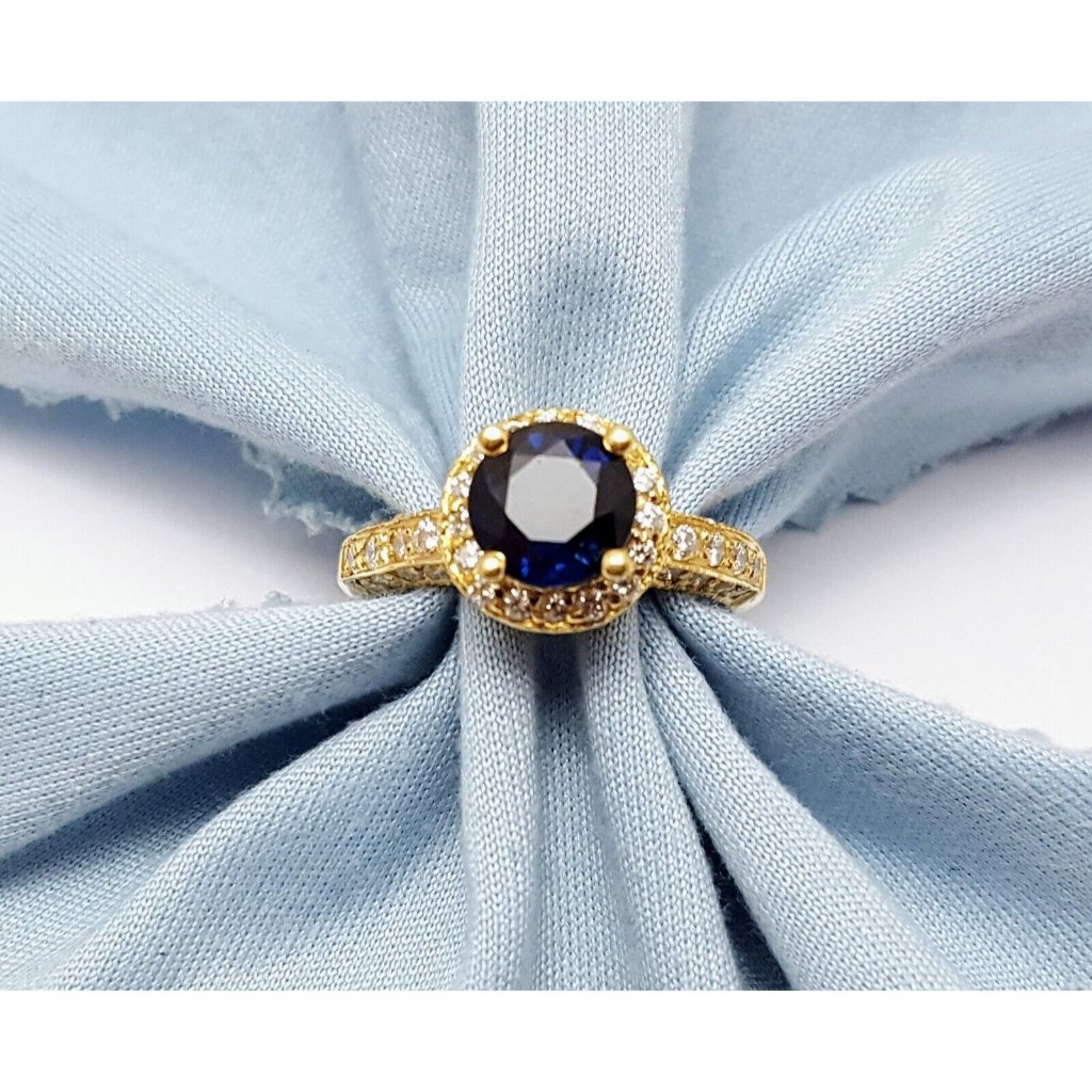 Unique 14k Karat Solid Yellow Gold Designer Round Sapphire  Diamond Ring Size 6